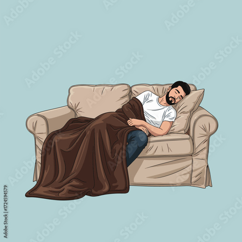 An illustration of a bearded man sleeping soundly on a beige sofa, covered with a brown blanket, against a light blue background.