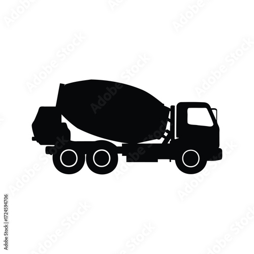 Black silhouette of a cement truck with all wheels displayed clearly, concrete mixer truck silhouette vector illustration