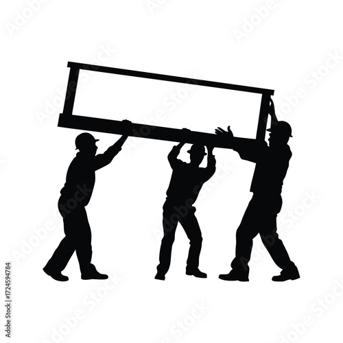 Silhouette of construction workers lifting a heavy rectangular frame together as a team, construction crew lifting wall frame silhouette vector illustration
