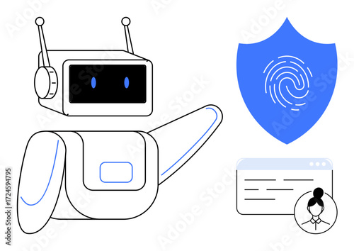 Robot gesturing, shield with fingerprint and browser window with user icon. Ideal for technology, cybersecurity, AI, data protection, user authentication, innovation privacy. Simple flat metaphor