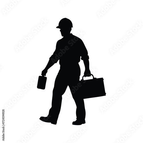 Silhouette of a construction worker walking with tools and hard hat on, construction worker carrying toolbox silhouette vector illustration