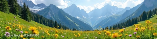 A vibrant alpine meadow nestled amongst towering mountain peaks, wildflowers in bloom, bathed in sunlight The pristine landscape offers a sense of tranquility and adventure , peaks, ecology, scenic