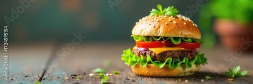 A tiny, vibrant vegetarian burger on a miniature bun, garnished with fresh herbs and colorful vegetables Perfect for a whimsical, healthy food concept , appetizer, vegetarian, red