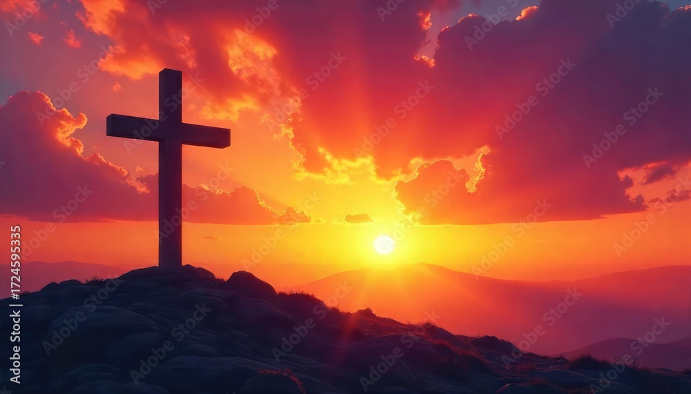 Fototapeta premium A symbolic depiction of Christian salvation; a cross silhouetted against a vibrant sunrise, representing hope, redemption, and new beginnings , church, faith
