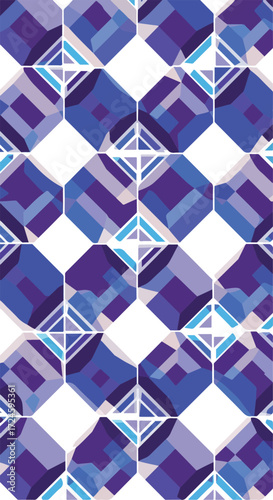 Geometric pattern of blue and purple shapes on a white background creating a repeating design.