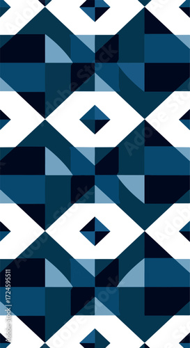 Geometric pattern of blue and white shapes creates a striking visual design.
