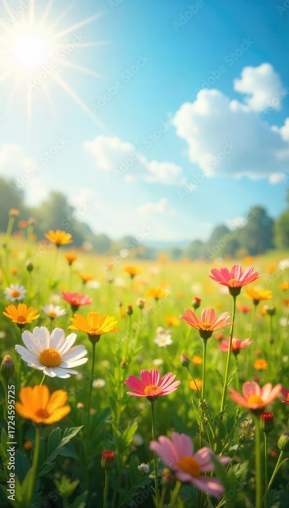 Fototapeta premium A sun-drenched field of wildflowers gently swaying in the breeze, embodying carefree joy and natural beauty Perfect for themes of serenity, peace, and simple pleasures , sunlight, sun, outdoor