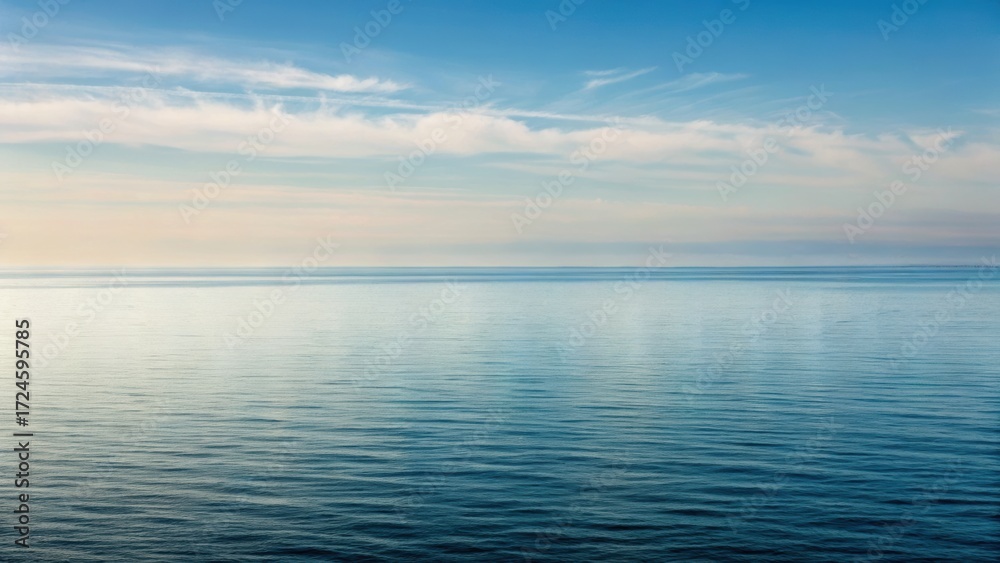 Obraz premium Calm seascape with gentle waves reflecting a serene sky and distant horizon, creating a peaceful atmosphere.