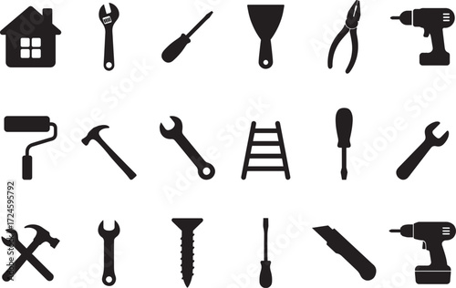 Home Repair Tools Icon Set Silhouette Vector Illustration Bundle for DIY and Construction. Home Renovation Tools Symbol
