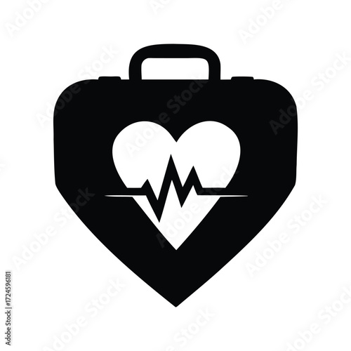 Emergency health services medical bag with heart beat symbol in black color, defibrillator silhouette vector illustration