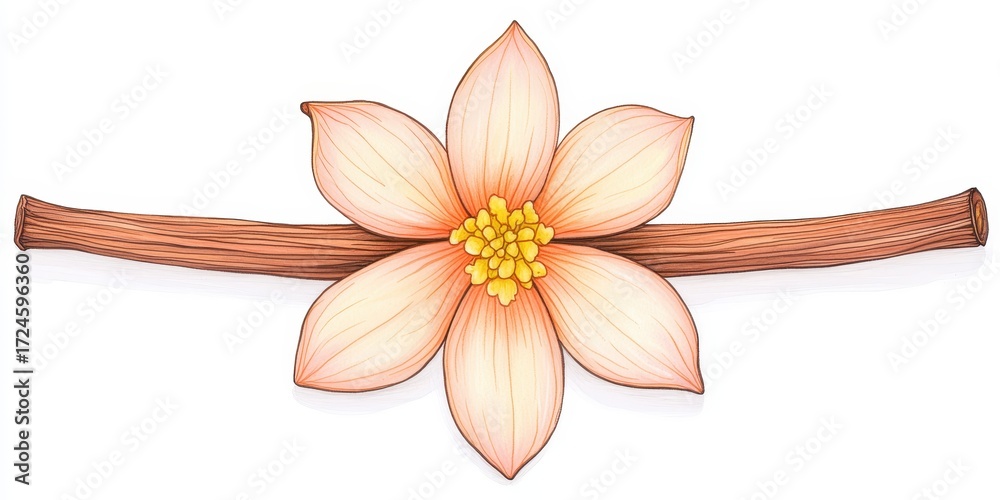 Fototapeta premium Vanilla flower botanical spice illustration art. Tropical blossom and floral ingredient in nature, hand and elegant. Exotic plant soft pastel element, perfect for culinary, gourmet, decorative