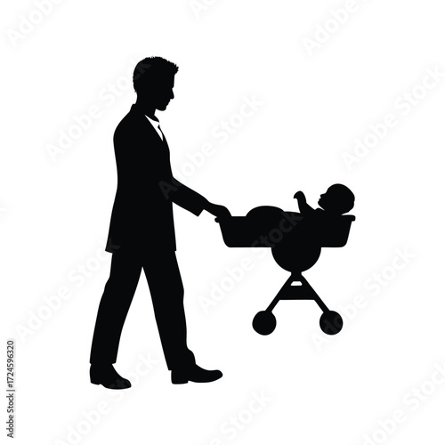 Silhouette of a smartly dressed man pushing a baby in a stroller, doctor delivering newborn silhouette vector illustration