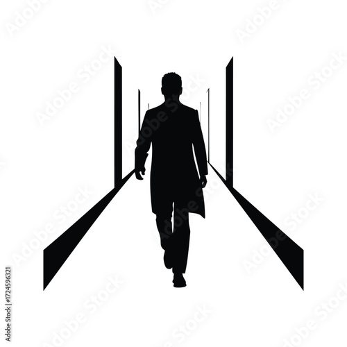 Silhouette of a man in a long coat walking down a surreal hallway, doctor walking in hospital corridor silhouette vector illustration