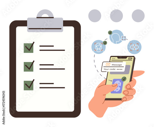 Checklist with marked tasks alongside a smartphone displaying a fingerprint scan and code for secure authentication. Ideal for security, technology, task management, productivity, digital identity