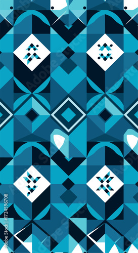 Geometric pattern with blue and white shapes repeating in a vertical design.