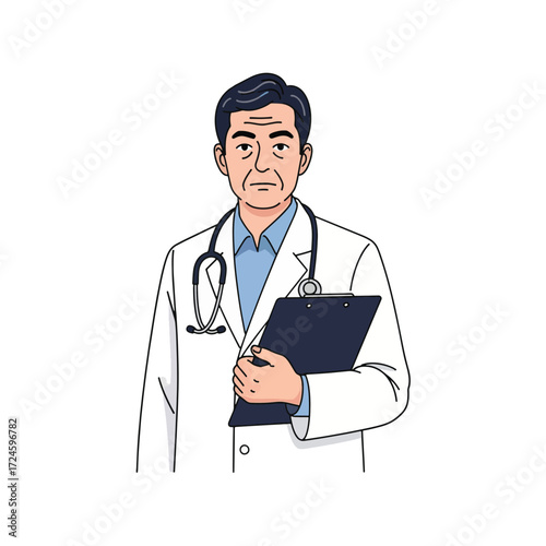 A professional middle-aged male doctor stands confidently, wearing a white lab coat and stethoscope, holding a medical clipboard.