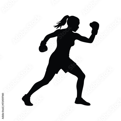 Silhouette of a female boxer in action, striking a powerful fighting pose, female athlete boxing silhouette vector illustration