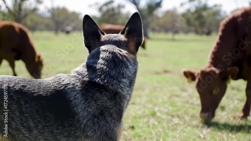 Dog and cows in a pasture