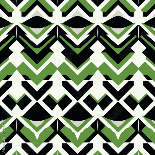 Geometric pattern with green black and white shapes repeating.