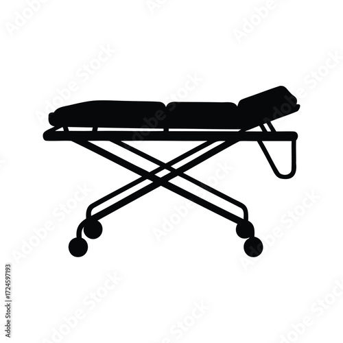 Silhouette of a hospital gurney with adjustable headrest and wheels on white, hospital stretcher silhouette vector illustration