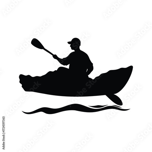 Silhouette of a kayaker paddling on the water in black and white, kayaking on river silhouette vector illustration
