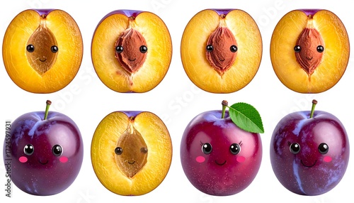 Cute cartoon plums, whole and halved, various colors