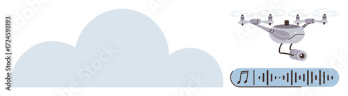 Flying quadcopter equipped with a microphone hovering near a cloud and audio waveform. Ideal for technology, AI, aerial surveillance, data recording, communication, innovation, automation. Simple flat