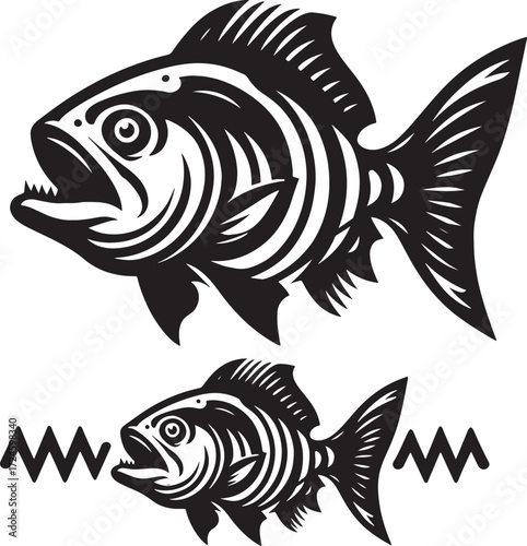 Vector image of a big fish on a white background. Black and white graphics