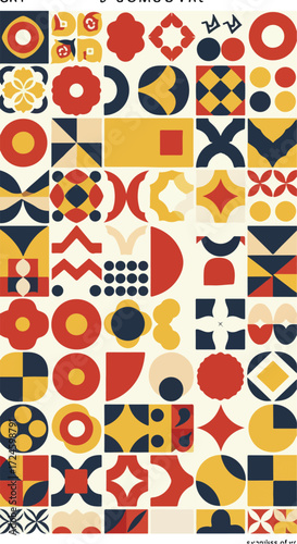 Geometric pattern with various shapes and colors abstract design.