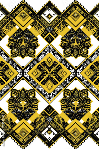 Geometric pattern with yellow and black diamond shapes and floral elements.
