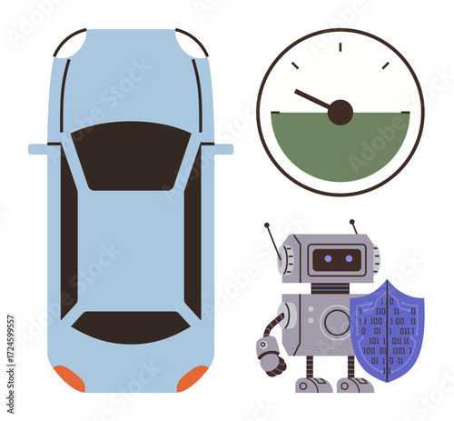 Top view of car, robot with shield, and speed gauge. Ideal for technology, automation, AI, transportation, digital security innovation futuristic themes. Simple flat metaphor