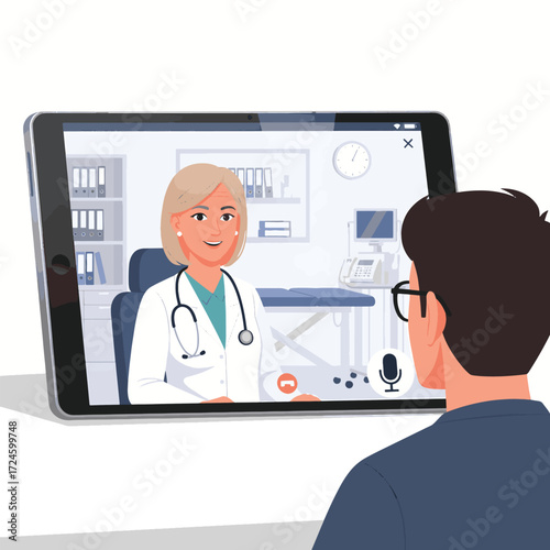 A man having a telemedicine video call with a female doctor on a tablet, showing a virtual medical consultation.