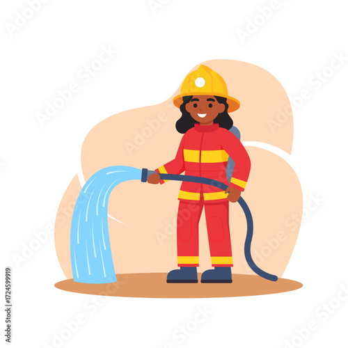 Brave African American woman firefighter in uniform holding a fire hose and spraying water. Flat vector cartoon character illustration