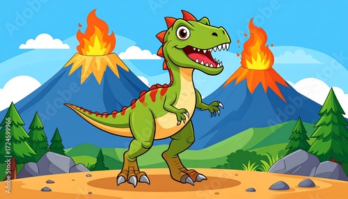 Cute dinosaur near erupting volcanoes