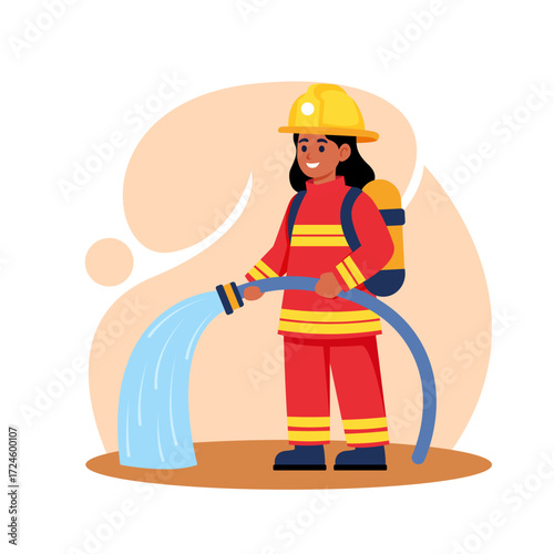 Female firefighter character in uniform holding a water hose to extinguish a fire. Professional rescuer vector illustration for design