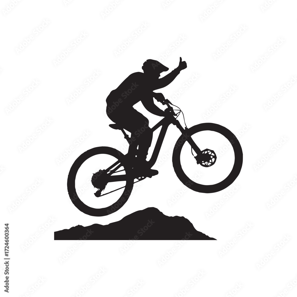 Fototapeta premium Black and white silhouette of a mountain biker riding a bike with one hand in the air, giving a thumbs-up. 