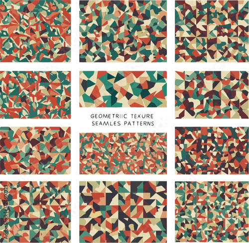 Geometric texture seamless patterns in various colorful designs.