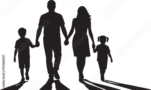 Black silhouette of a family walking hand in hand with children casting long shadows holding hands parents