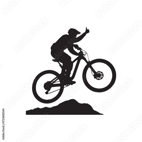 Black and white silhouette of a mountain biker riding a bike with one hand in the air, giving a thumbs-up. 