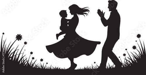 Black silhouette of a family with a child in a grassy field with flowers mother father