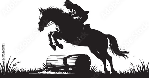 Black silhouette of a horse and rider jumping over a log obstacle in a grassy field equestrian sport