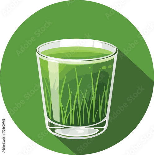 Glass of green wheatgrass juice shot for healthy lifestyle.