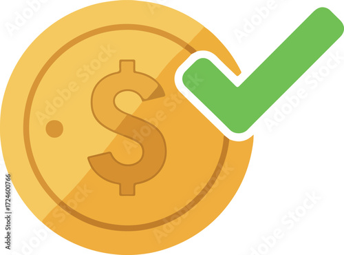 Golden coin with dollar sign and green checkmark signifying financial approval.