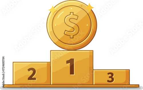 Gold coin prize on a podium representing first place winner.