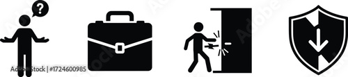 Business decisions and security measures represented through symbolic icons in a clean and minimalist graphic design layout for corporate presentations