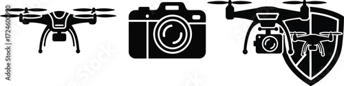 Drone and camera icons representing aerial photography and security in a modern vector design