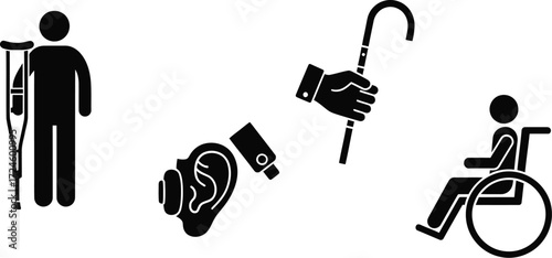 Accessibility icons depicting disability aids and support equipment for people with impairments and mobility challenges in a simple graphic style