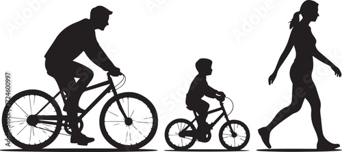 Black silhouette of a man on a bicycle a child on a bicycle and a woman walking vector