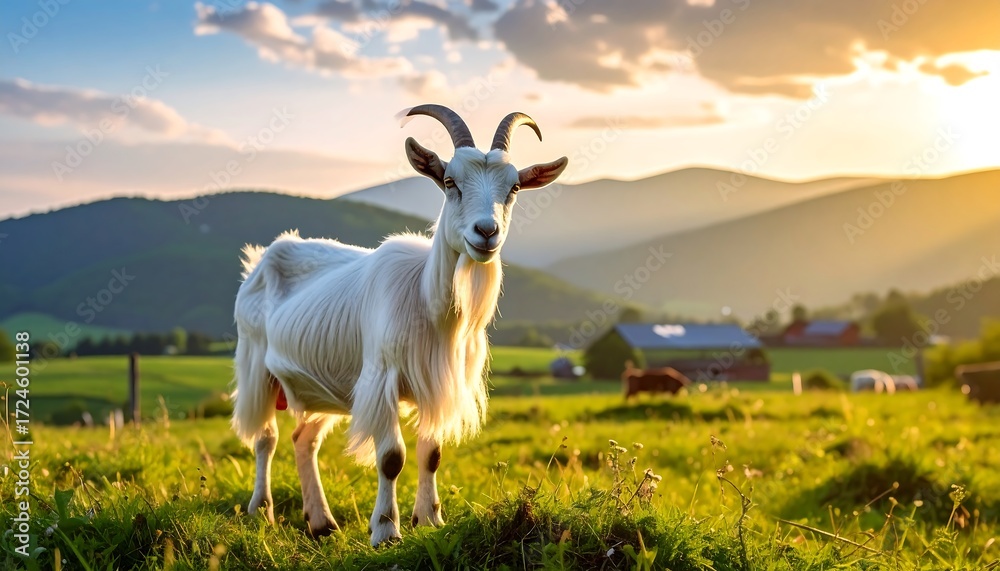 Fototapeta premium White goat in a meadow at sunset
