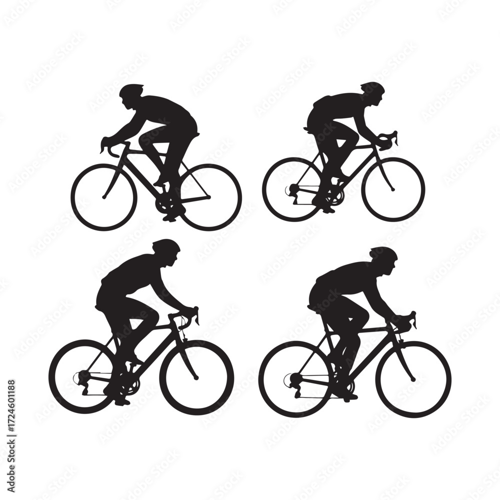Fototapeta premium Black and white silhouettes of cyclists in dynamic poses, riding road bikes on a white background.